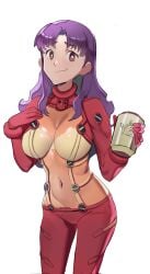 1girls alternate_costume asuka_langley_sohryu_(cosplay) beer_can big_breasts bodysuit breasts brown_eyes busty can cosplay covered_navel female female_only fully_clothed highres human large_breasts legs light-skinned_female light_skin long_hair looking_at_viewer mature mature_female mature_woman milf misato_katsuragi neon_genesis_evangelion pilot_suit plugsuit purple_hair sho-n-d smile solo test_plugsuit thighs voluptuous