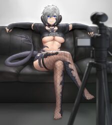 1girls artist_request au_ra black_clothing blue_eyes blush breasts camera casting_couch feet female filming final_fantasy final_fantasy_xiv fishnets gloves grey_hair huge_breasts large_breasts looking_at_viewer nail_polish silver_hair smile smiling smiling_at_viewer square_enix stockings tagme tail thick_thighs thighhighs thighs white_hair xaela