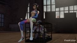 2girls 3d ball_gag bodysuit bondage breasts cage d.va female female_only femdom femsub freekiller in_cage masturbation overwatch tied_up widowmaker