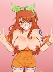 1girls breasts_out exposed_breasts female female_only flashing flashing_breasts hair_ribbon large_breasts light-skinned_female long_hair looking_at_viewer lordguyis nami no_bra one_piece one_piece_film_stampede orange_eyes orange_hair overalls shounen_jump smile solo solo_female tattoo