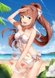 ball beach bikini blue_sky bow_in_hair doki_doki_literature_club green_eyes monika_(doki_doki_literature_club) ponytail sand sasoura side-tie_bikini water white_bow