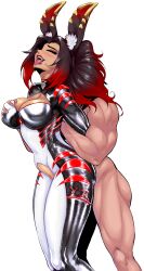 anal blue_eyes bodysuit breast_grab bunny_ears bunny_girl choking combat_suit destroyed_clothing earrings faceless_male fangs gabriela_gogonea kirih kirih_(sword_scream) kirih_shiraishi latex orgasm orgasm_face red_hair ripped_clothing stomach_bulge two_tone_hair