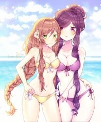 2girls :< bikini bikini_bottom bikini_top blue_sky cleavage deadtemple doki_doki_literature_club female green_eyes hair hair_bun hairbun long_hair long_hair_female matching_hair/eyes monika_(doki_doki_literature_club) multiple_girls navel purple_bikini purple_eyes purple_hair thick_thighs thighs yellow_bikini yuri_(doki_doki_literature_club)