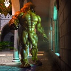 1:1 3d_(artwork) bandai_namco beard big_muscles digimon digimon_(species) digital_media_(artwork) facial_hair genitals hi_res leomon male mane muscular nipples nude og_idk penis public solo thegreenfoot window