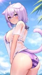 1girls 9:16 :3 ass beach big_breasts bikini blush cat_ears cat_girl cat_tail clothed cute deaver female girl highres hololive hololive_gamers hololive_japan looking_at_viewer nekomata_okayu nekomimi outdoor purple_bikini purple_eyes purple_hair smile solo solo_female solo_focus swimsuit thighs virtual_youtuber vtuber wet wet_tshirt