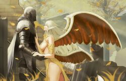 1boy 1girls ancient_dragon_lansseax canon_couple dragon_girl dress elden_ring female female_focus fromsoftware helmet hi_res horns knight knight_on_monster large_ass large_breasts light-skinned_female little_bit medieval_armour painting_(artwork) sideboob thick_thighs vyke_(elden_ring) wings