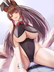 1boy :d akagi_(azur_lane) animal_ears arm_behind_back azur_lane bangs bare_arms bare_shoulders belt black_leotard blunt_bangs bow bowtie breasts brown_hair bulge commander_(azur_lane) covered_navel eyebrows_visible_through_hair fake_animal_ears female fox_ears fox_girl gradient gradient_background half-closed_eyes highleg highleg_leotard highres huge_breasts kitsune leotard long_bangs long_hair looking_at_viewer open_mouth playboy_bunny red_bow red_bowtie red_eyes sano_sho shirt simple_background smile solo_focus teeth thick_thighs thighs tongue upper_teeth white_shirt wrist_cuffs