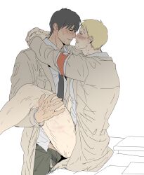 2boys alternate_universe anal armband attack_on_titan bara bertolt_hoover blush bottomless brown_coat clothed clothed_sex coat couple cute_potato_(cute_potato_ner) facial_hair gay goatee happy_sex highres large_pectorals male male/male male_focus male_only marley_military_uniform multiple_boys muscular muscular_male necktie nipples older partially_clothed pectorals reiner_braun sex shingeki_no_kyojin short_hair spread_legs stubble thick_thighs thighs yaoi