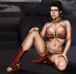 1girls bastila_shan belly_dancer belly_dancer_outfit boots brown_hair cleavage gold_heels green_eyes harem_girl harem_outfit high_heel_boots high_heels idrawnudeladies jedi knights_of_the_old_republic large_breasts loincloth looking_at_viewer slave slave_bikini slave_collar slave_outfit slavegirl star_wars toeless_boots