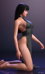 1girls 2019 3d asian asian_female black_hair clothed clothing dress female female_only johngate large_breasts mariko_(johngate) no_panties nopan on_knees original original_character pelvic_curtain pinup side_view slushe_(website) solo solo_female