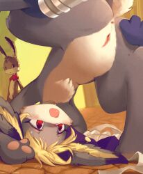 2boys :3 ancesra animal_ear_fluff animal_ears animal_nose animal_penis anus apron apron_removed armpits artist_name bangs blonde_hair blue_fur blue_headwear blush blush_stickers body_fur bracer brown_fur capelet clitoral_hood completely_nude cornelius_(odin_sphere) female flat_chest frilled_apron frills furry furry_female furry_male furry_with_furry grey_fur hat highres imminent_penetration indoors leg_lift leg_up meril_(odin_sphere) multiple_boys non-web_source nude odin_sphere open_mouth patreon_username pawpads pooka_(odin_sphere) pussy pussy_juice rabbit_boy rabbit_ears rabbit_girl rabbit_tail red_capelet red_eyes short_hair sidelocks solo_focus spread_legs standing straight sweat tail two-tone_fur uncensored watermark web_address white_apron white_fur wide-eyed