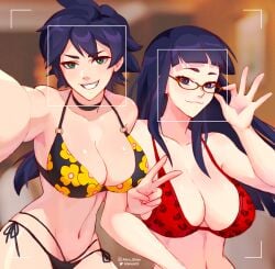 2girls allen_skies02 bikini black_eyes black_hair camera_hud gardnerverse glasses green_eyes kim_nguyen large_breasts linh_nguyen navel ponytail selfie sisters twins