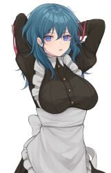 1girls alternate_costume apron artist_signature big_breasts blue_eyes breasts byleth_(fire_emblem) byleth_(fire_emblem)_(female) fire_emblem fire_emblem:_three_houses hi_res looking_at_viewer maid maid_uniform medium_hair nintendo ribbon shimizu_akina solo teal_hair tying_hair white_background