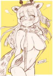 @_@ animal_ears animal_print bare_shoulders blush breasts clothing cowboy_shot dot_nose extra_ears eyebrows_visible_through_hair female female_only flustered giraffe_ears giraffe_horns giraffe_print giraffe_tail hand_on_chest hand_on_own_chest high_resolution horns kemono_friends large_breasts long_hair looking_at_viewer looking_to_the_side masuyama_ryou medium_breasts monochrome multicolored_hair navel necktie nervous one-piece_swimsuit print_neckwear print_scarf reticulated_giraffe_(kemono_friends) scarf sidelocks smile solo solo_female standing steam string_bikini swimsuit tail tearing_up thong tongue yellow_background