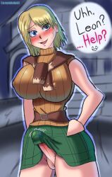 1futa acceptabledumbass alternate_version_available ashley_graham ashley_graham_(brooke_elizabeth_mathieson) big_breasts blonde_hair blue_eyes blush breasts clothed clothing doodle erect_nipples_under_clothes erection erection_under_clothes erection_under_skirt futa_only futanari human light-skinned_futanari light_skin mostly_clothed penis resident_evil resident_evil_4 rough_sketch scarf self_upload sketch skirt skirt_lift solo standing sweater text text_bubble wide_hips