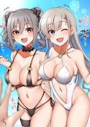 2girls :d arm_in_arm beach bikini blush breasts female female_only gray_hair hair_bows happy hearts_around_head hisakawa_hayate idolmaster japanese_text kanzaki_ranko long_hair mabanna mabanna7787 navel open_mouth outdoors pov seaside side_tie_bikini smile swimsuit the_idolm@ster_cinderella_girls twin_drills twintails water_drop white_hair wink