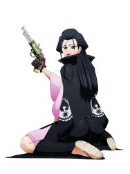 1boy ass black_hair brown_eyes cloak feminine_male gun izou lipstick sitting solo springa trap white_background