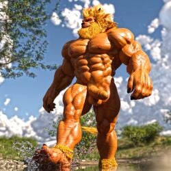 1:1 3d_(artwork) balls bandai_namco beard biceps big_muscles digimon digimon_(species) digital_media_(artwork) facial_hair genitals humanoid_genitalia humanoid_penis leomon male male_only mane muscular nipples nude og_idk pecs penis solo thegreenfoot water