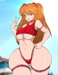 1girls asuka_langley_sohryu blue_eyes breasts choker female female_only fingernails large_breasts long_hair looking_at_viewer medium_breasts nail_polish neon_genesis_evangelion orange_hair pool red_nails revealing_clothes shiny_skin smile solo standing swimsuit thick_thighs thong wide_hips zonen404