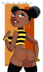 1girls 2022 back_view backside biting_lip black_hair bumblebee_(dc) bunbunmuffinart butt cartoon_network dark-skinned_female dark_skin dated dc dc_comics female_only karen_beecher shirt shirt_only striped_clothing teen_titans twintails