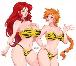 2girls allen_skies02 bikini blue_eyes cleavage clothed_female gardnerverse horns large_breasts lipstick lum_(cosplay) makeup marty_gardner multiple_girls navel red_hair sam_gardner sisters thick_lips tiger_stripes tongue_out urusei_yatsura