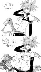 1boy 1girls american_flag bb_(baalbuddy) big_breasts big_mac cleavage comic disgaea disgaea_2 etna funny gun_flagging m4_carbine mcdonald's monochrome narrow_waist penguin prinny stitched underboob wide_hips wings