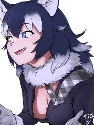 1girls animal_ears blazer blue_eyes blue_hair breast_slip breasts cleavage clothing eyebrows_visible_through_hair fangs female female_only female_solo fur_collar gloves grey_background grey_wolf_(kemono_friends) hair_between_eyes hands_up heterochromia high_resolution jacket kemono_friends leaning_forward light-skinned_female light_skin long_hair long_sleeves looking_to_the_side masuyama_ryou medium_breasts multicolored_hair necktie nipple_slip nipples no_bra oerba_yun_fang open_mouth plaid_neckwear sidelocks simple_background smile solo two-tone_hair upper_body very_high_resolution white_background white_hair wolf_ears yellow_eyes