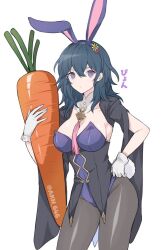 1girls alternate_costume blue_eyes bunny_ears bunny_girl bunny_tail bunnysuit byleth_(fire_emblem) byleth_(fire_emblem)_(female) carrot cleavage fire_emblem fire_emblem:_three_houses hand_on_hip leggings looking_at_viewer medium_hair nintendo shimizu_akina solo teal_hair tight_clothing