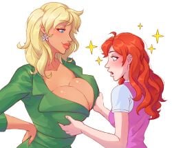 2girls allen_skies02 before_and_after blonde_hair blue_eyes breast_envy breast_grab cleavage earrings gardnerverse large_breasts red_hair sandra_gardner tan_skin yuri