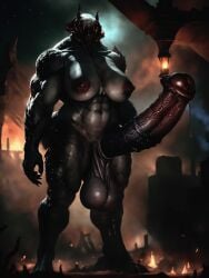 abs ai_generated alien_humanoid equine_penis flared_penis futanari grey_skin horns horse_penis horsecock horsecock_futa huge_breasts huge_cock intersex large_areolae monster_girl nightmare_waifu no_eyes open_mouth precum sagging_balls scales solo veiny_balls veiny_breasts veiny_muscles veiny_penis