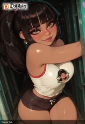 ? ai_generated artist_name bangs bare_shoulders black_hair blunt_bangs blush breasts brown_eyes dollmaker dollmaker_(artist) earrings female freckles jewelry lips patreon_logo patreon_username ponytail shorts smile solo sweat tagme tank_top thick_thighs thighs watermark web_address