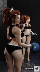 1girls 3d ass big_ass big_breasts big_butt blacked blacked_clothing bra breasts brigitte bubble_ass bubble_butt currysfm curvaceous curvy curvy_female curvy_figure female female_only ginger ginger_hair light-skinned_female light_skin looking_back overwatch panties qos_clothing red_hair sexually_suggestive skimpy solo sports_bra sportswear underwear weightlifting weights