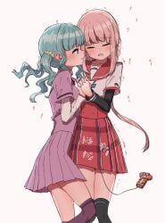 2girls black_thighhighs blush braid closed_eyes egg_vibrator futaba_sana green_eyes green_hair highres hime_cut holding_hands kamihama_university_affiliated_school_uniform long_hair magia_record:_mahou_shoujo_madoka_magica_gaiden mahou_shoujo_madoka_magica mizuna_girls'_academy_school_uniform multiple_girls purple_thighhighs sakaemdg school_uniform sex_toy short_hair tamaki_iroha thighhighs twintails vibrator yuri
