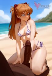1girls 2d ai_generated areolae ass asuka_langley_sohryu back bare_shoulders beach big_ass bikini bikini_pull bikini_top blue_eyes dark-skinned_male day erophoenix female female_focus full_body interracial large_penis long_hair looking_at_viewer neon_genesis_evangelion ocean orange_hair outdoors pale_skin pale_skinned_female patreon_username red_bikini sky small_breasts solo swimsuit thick thick_thighs uncensored