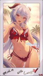 1girls 2022 beach bikini blue_hair breasts choney female female_only ganyu_(genshin_impact) genshin_impact horns large_breasts long_hair looking_at_viewer outdoors polaroid ponytail purple_eyes red_bikini slim_waist smile thick_thighs thighs wide_hips