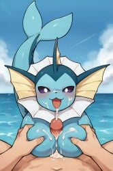 ai_generated blue_skin blush breasts cum cum_on_body cum_on_breasts cum_on_upper_body female large_breasts monster_girl paizuri penis pov purple_eyes straight tongue