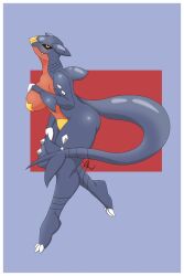 anthro ass blush bootsin breasts dragon female female_focus game_freak garchomp generation_4_pokemon glistening hi_res humanoid multicolored_body mythological_creature mythological_scalie mythology nintendo nude pasties pokemon pokemon_(species) pokemorph scalie simple_background smile solo spikes tail teeth yellow_eyes