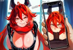 ai_generated aigatari cheating cuck cuckold cuckold_pov curvy dark-skinned_male dark_skin goddess_of_victory:_nikke holding_phone huge_breasts interracial messy_hair netorare netorase ntr phone pov red_hair red_hood_(nikke) smug very_dark_skin