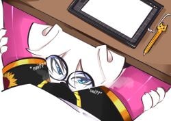 ai_jin anthro biped boxers_(clothing) bulge bulge_sniffing canid canine canis clothing domestic_dog drawing_tablet duo eyewear fur glasses hi_res jin_white_dog kunfen looking_at_viewer male male/male mammal pink_body pink_fur sniffing underwear wearing_glasses white_body white_fur wolf
