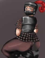 armor armored_female ass blue_eyes clash_(series) clash_royale clothed clothed_female clothing female female_only fully_clothed fully_clothed_male helmet hyugaiida looking_back looking_back_at_viewer mega_knight_(clash_royale) pantyhose plume rule_63 simple_background slit_visor solo solo_female tagme visor