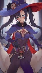 1boy absurdres aqua_eyes black_choker black_hair blush breasts choker clothed_female_nude_male drelouder female genshin_impact hat highres jewelry looking_at_viewer medium_breasts mona_(genshin_impact) nude pantyhose straight thigh_sex thighlet thighs twintails witch_hat