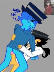 1boy 1other artist_request balls blue_body blue_hair bottomless clothed clothed_sex fedora forsaken_(roblox) hat mafioso_(dream_game) mafioso_(forsaken) oc on_top original_character penis roblox roblox_game robloxian sweater tagme yellow_body yellow_hair