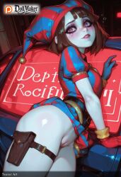 ai_generated bag bangs belt_pouch blunt_bangs bob_cut breasts brown_hair colored_skin dollmaker dollmaker_(artist) female gloves heart heart-shaped_pupils lips looking_at_viewer medium_breasts no_panties pale_skin patreon_username pillow pouch pussy red_eyes short_hair solo symbol-shaped_pupils tagme
