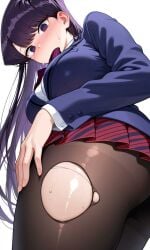 1girls ass back_view bangs big_breasts black_hair blue_jacket blush breasts brown_pantyhose from_behind from_below komi-san_wa_komyushou_desu komi_shouko long_hair panties pantyhose school_uniform see-through tagme thick_thighs torn_clothes torn_pantyhose