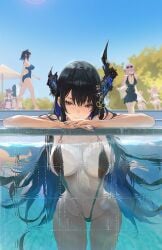 bikini black_hair blonde_hair blue_hair breasts fuwamoco fuwawa_abyssgard hololive hololive_english horn irys irys_(hololive) long_hair looking_at_viewer mococo_abyssgard mori_calliope multiple_girls nerissa_ravencroft orange_hair ouro_kronii pink_hair pool red_eyes red_hair rucarachi shiori_novella sling_bikini smile sunglasses swimming_pool swimsuit takanashi_kiara virtual_youtuber water white_hair
