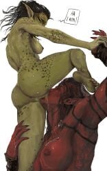 2girls ass baldur's_gate baldur's_gate_3 barefoot breasts claws cunnilingus dungeons_and_dragons english_text fetfreak foot_on_shoulder forgotten_realms gith githyanki karlach lae'zel oral pointy_ears pussy_juice scratches sex smile text tiefling tiefling_girl wrestling yuri