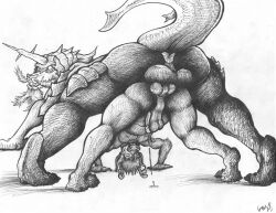 anal anthro bara bareback bodily_fluids cervid doggy_style dripping duo feral from_behind_position genital_fluids knot male male/male mammal monochrome nintendo pokémon_(species) pokemon precum precum_drip samurott sex video_games yagi_b._(artist)