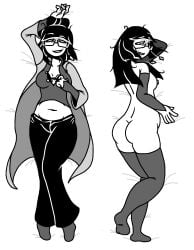ass belly belly_button body_pillow bra breasts collarbone dakimakura dakimakura_design gilf glasses gloves hair_up in_stars_and_time labcoat laying_down laying_on_back laying_on_bed long_hair looking_at_viewer non_nude nude nude_female odile_(in_stars_and_time) older_female on_back on_bed on_stomach pants smile smirk socks stockings
