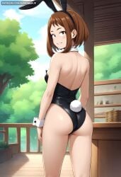 ai_generated animal_ears ass back bare_legs bare_shoulders black_leotard blush blush_stickers boku_no_hero_academia breasts brown_eyes brown_hair dandanhub day detached_collar fake_animal_ears fake_tail female from_behind leotard looking_at_viewer looking_back medium_breasts my_hero_academia ochako_uraraka outdoors patreon_username playboy_bunny rabbit_ears rabbit_tail short_hair sidelocks smile solo standing strapless strapless_leotard tail tree uraraka_ochako watermark wrist_cuffs