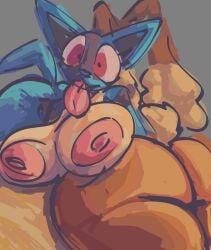 ass beach beastars big_breasts big_butt blue_body breasts brown_body brown_fur duo ears_up female female/female fur generation_4_pokemon hi_res humanoid lopunny lucario nintendo nipples pokemon pokemon_(species) raised_tail red_eyes rik_grape silly_face tail tongue tongue_out wide_hips
